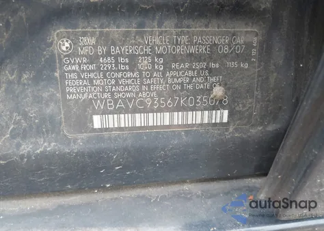 2007 BMW 328Xi from USA, damaged, VIN WBAVC93567K035078